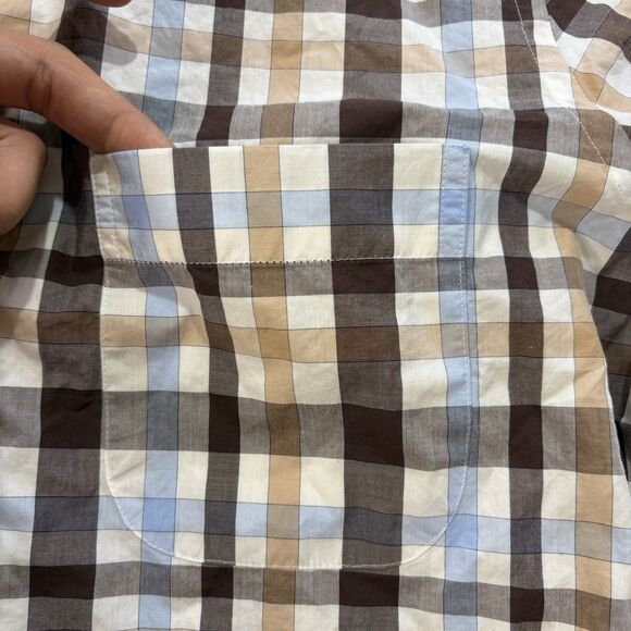 Peter Millar Mens Long Sleeve Button Up Size Medium Blue Brown White Geometric - Picture 2 of 10
